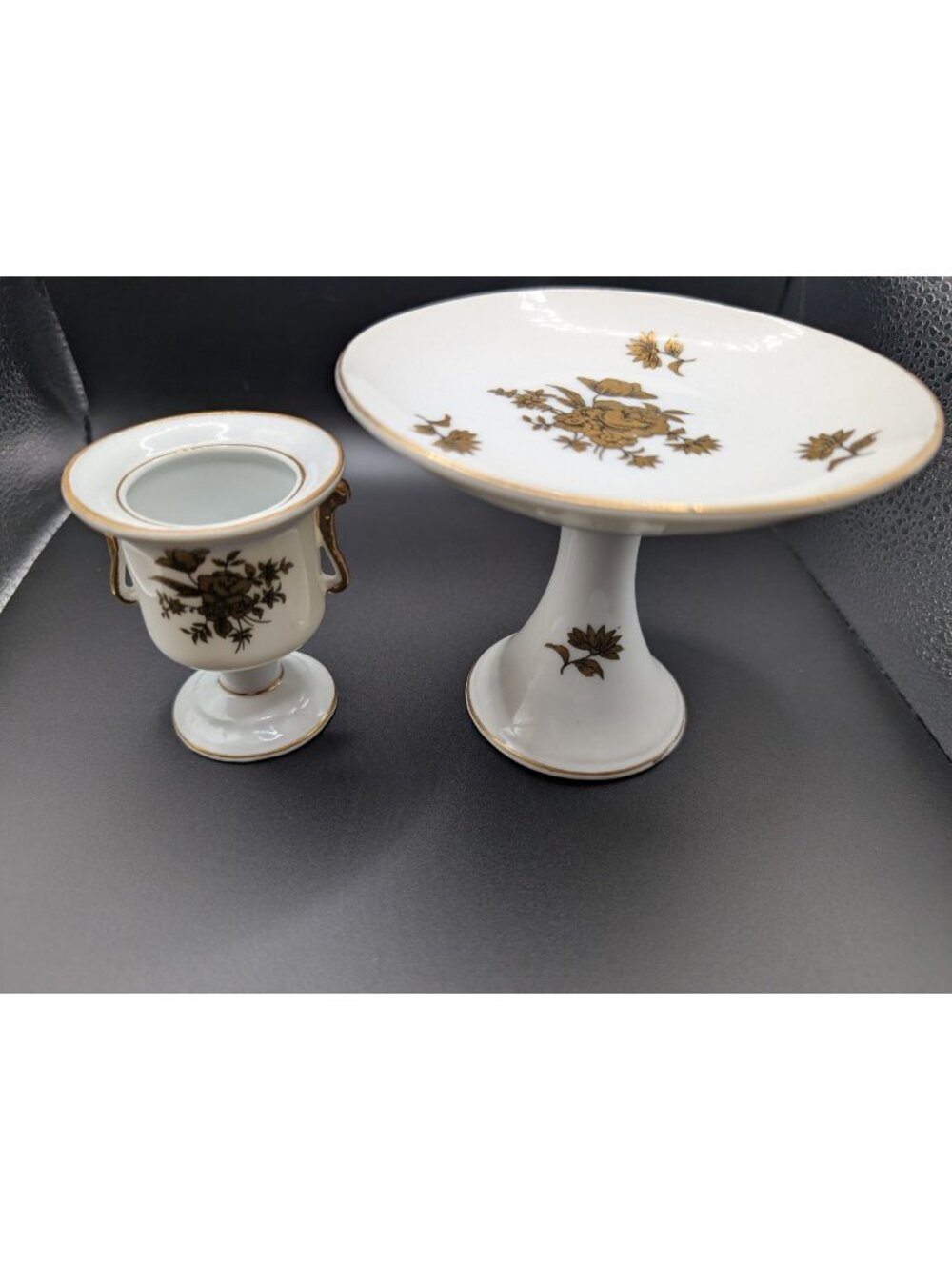 Vintage White Porcelain Decor 2 Piece Set Gold Gilt Accent MCM Asian